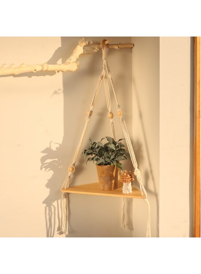 Boho Macrame Hanging Shelf with Triangular Wooden Board | Hand-Woven Rope Floating Shelf for Plants & Wall Decor - Image 1